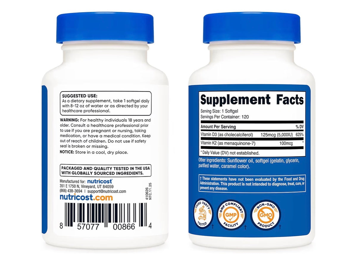 Nutricost Vitamin K2 + Vitamin D3 120 Softgels