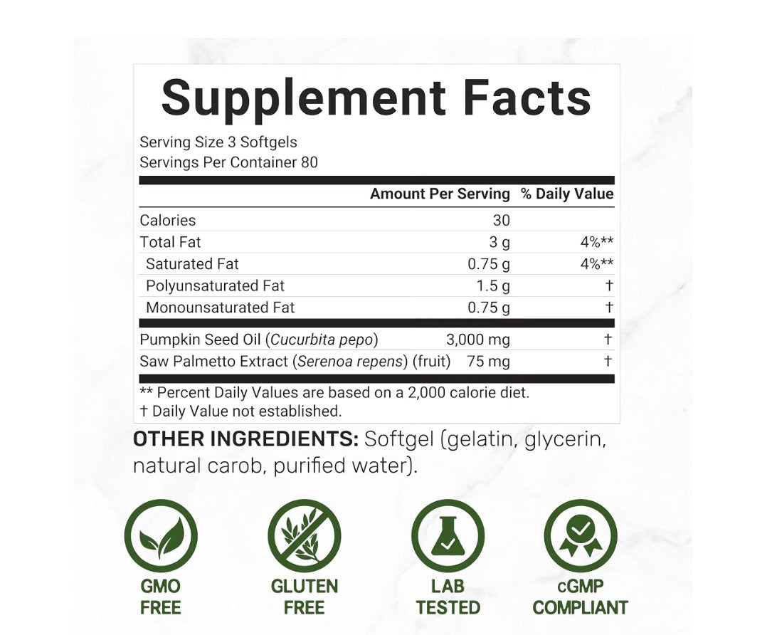 Deal Supplement Pumpkin Seed Oil 3000mg with Saw Palmetto 240 Softgels, supplement facts