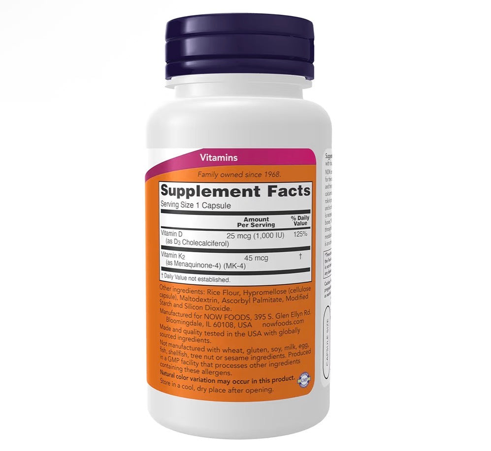 NOW Foods Vitamin D3 & K2 1000 IU 120 Capsules