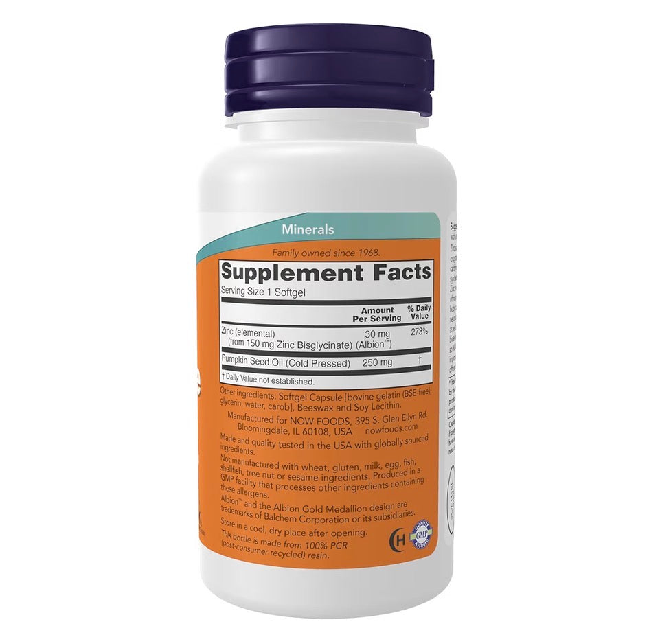 NOW Zinc Glycinate 30mg, 120 Softgels