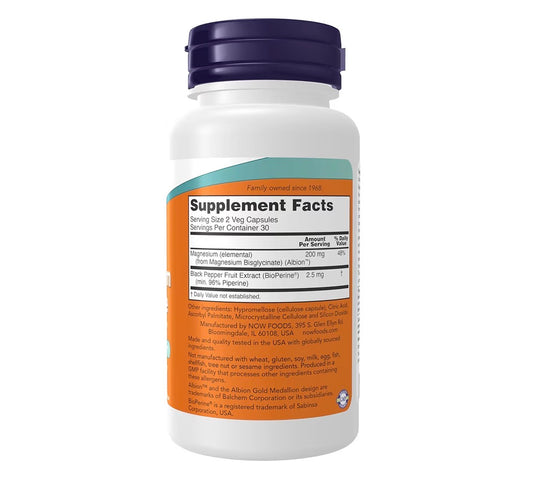 NOW Magnesium Glycinate with BioPerine, 60 Veg Capsules