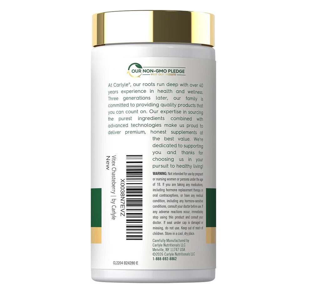Carlyle Vitex Chasteberry 820mg 150 Capsules, side of the bottle with the label warnings