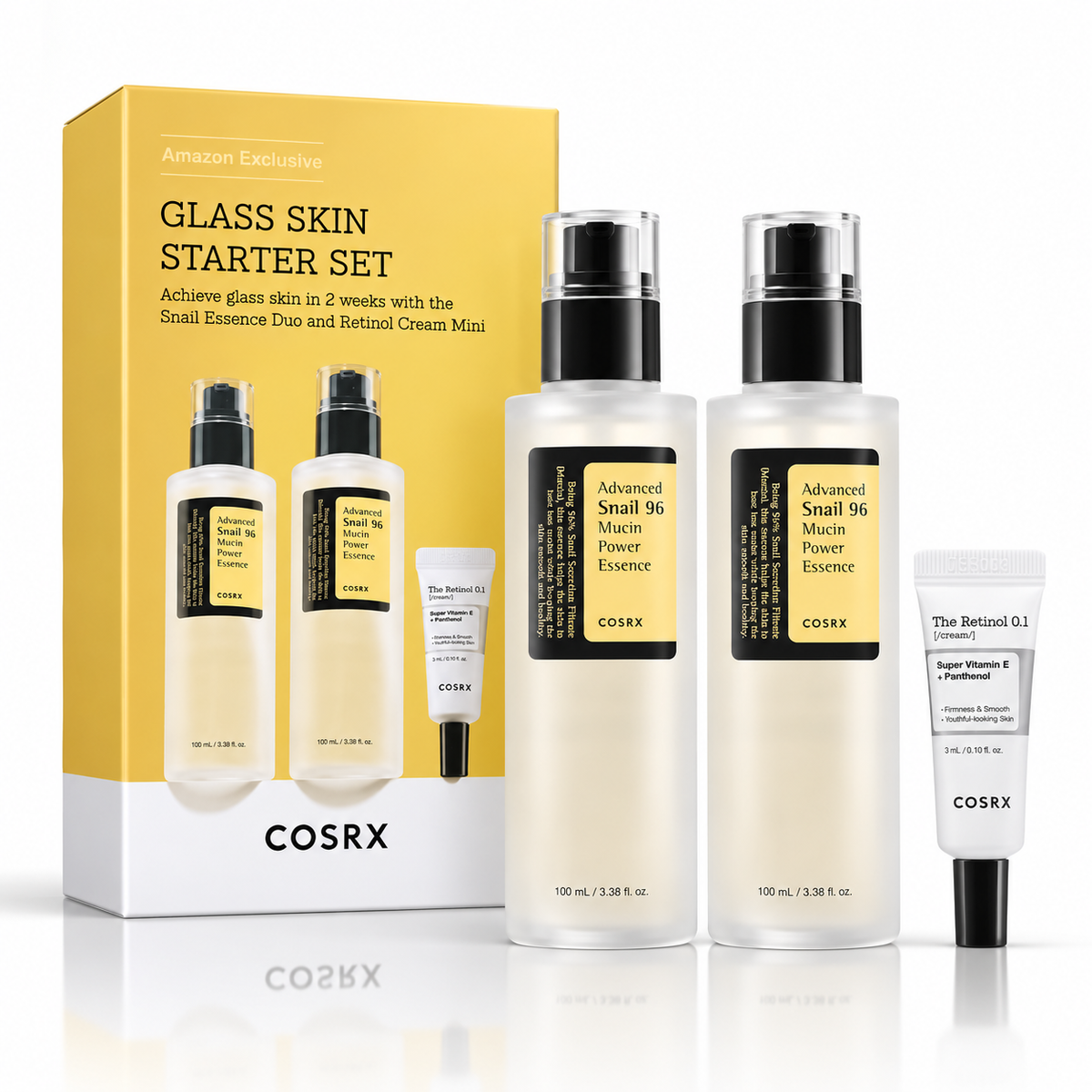 COSRX Glass Skin Starter Set, box with two Snail 96 Mucin Power Essence 100ml bottles and The Retinol 0.1 Cream 3ml