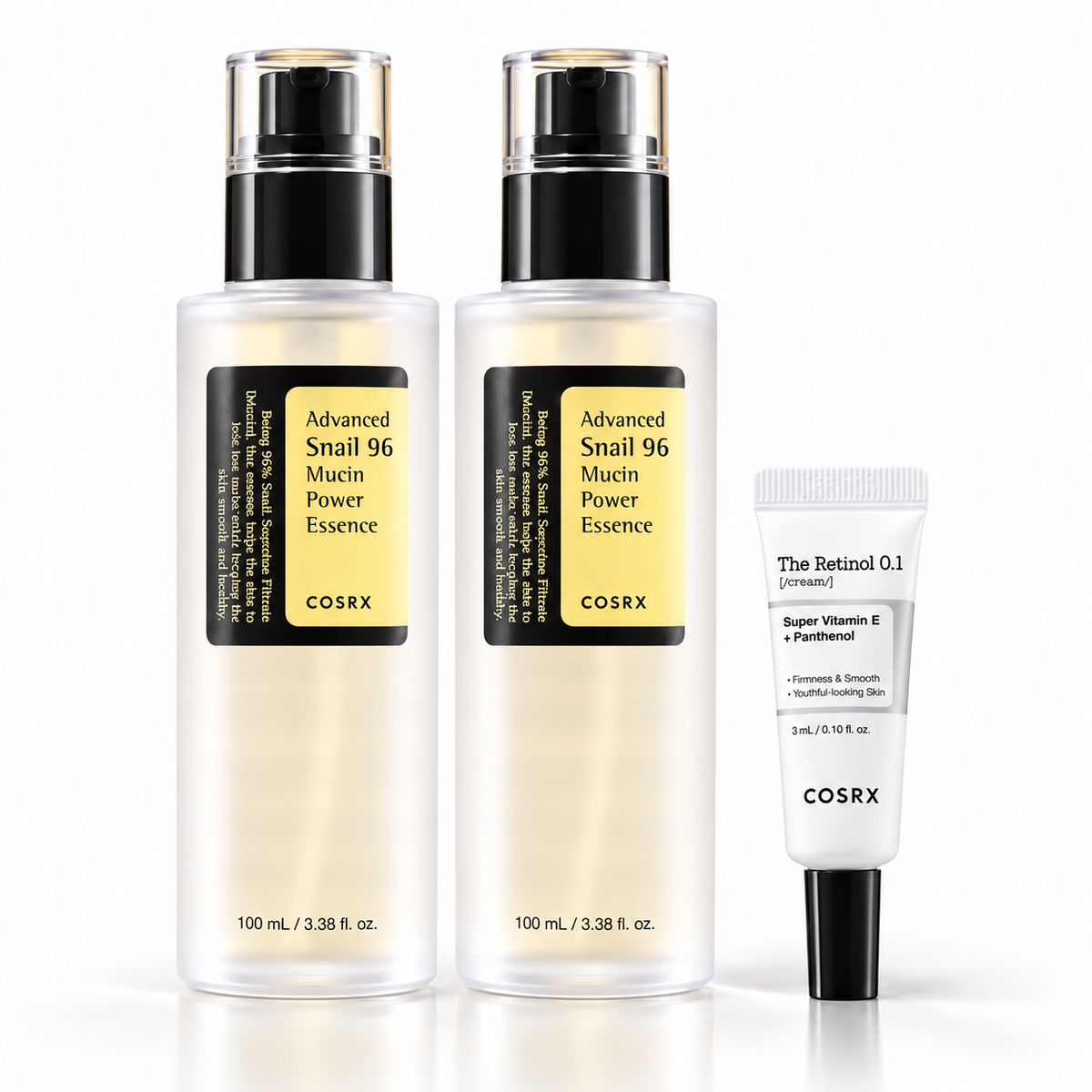 COSRX Advanced Snail 96 Mucin Power Essence 100ml, two bottles, and The Retinol 0.1 Cream 3ml tube