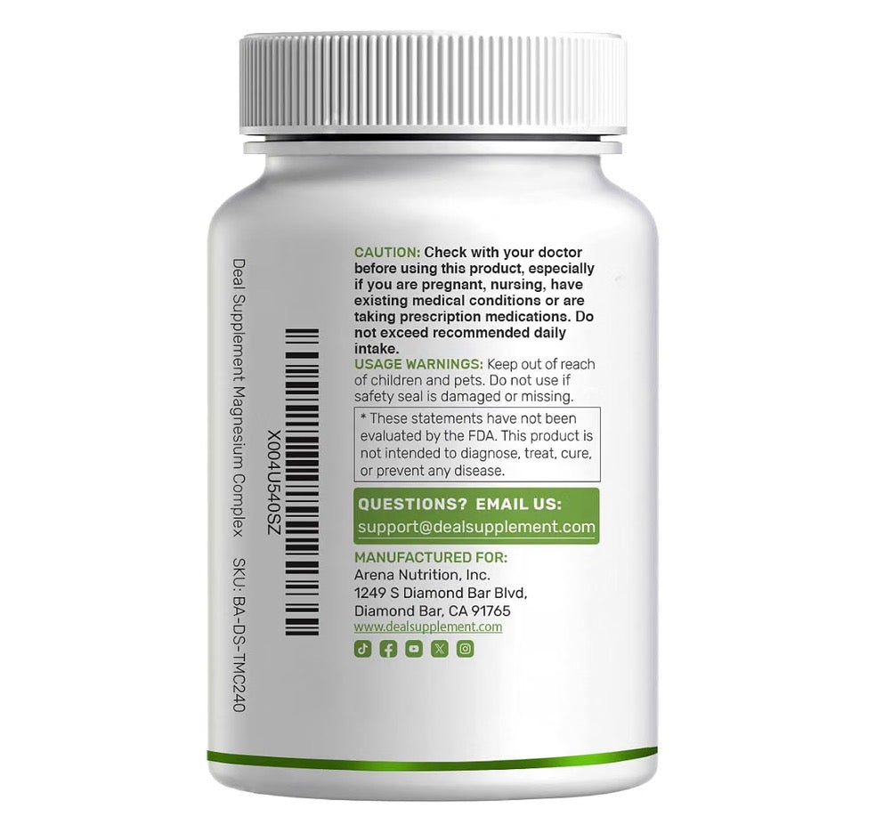 Deal Supplement Max Triple Magnesium Complex 500mg 240 Capsules, side of the bottle with the caution and usage warnings