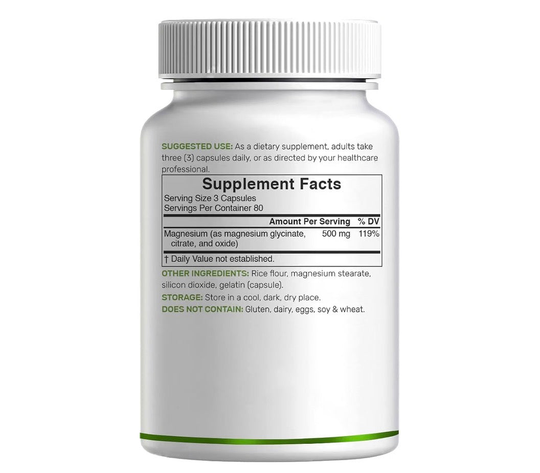 Deal Supplement Max Triple Magnesium Complex 500mg 240 Capsules, back of the bottle with the supplement facts and suggested use