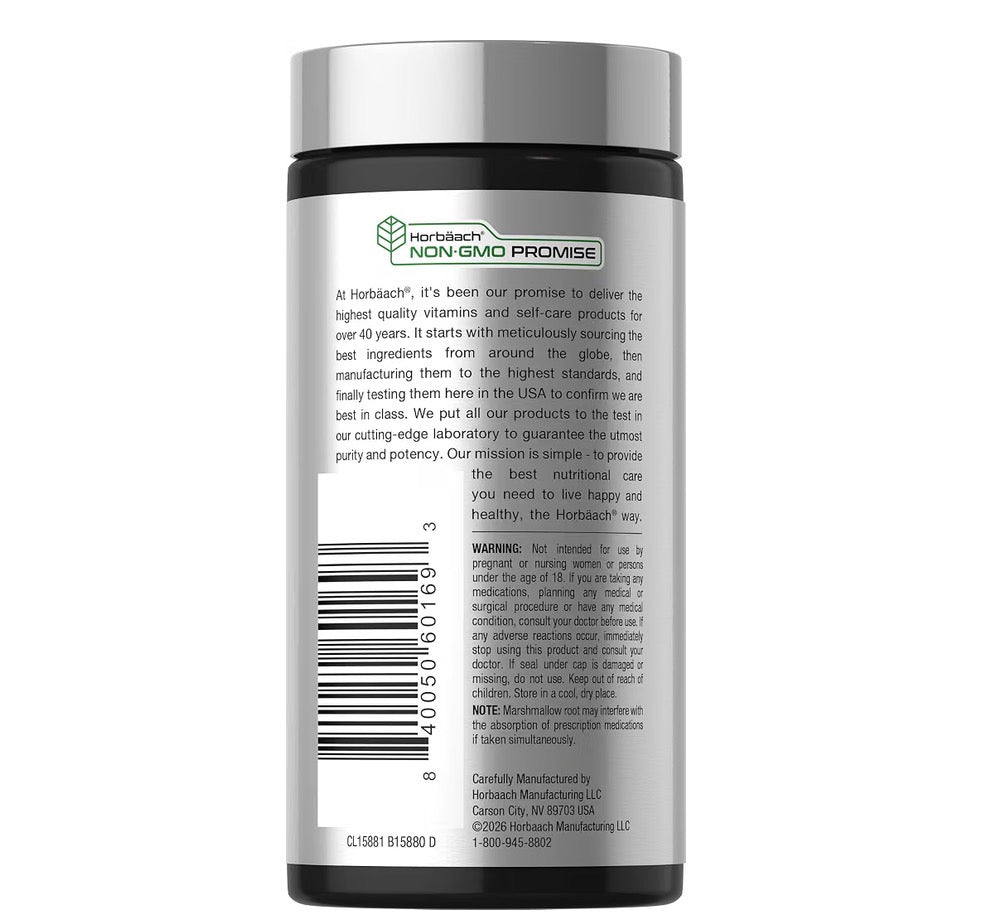 Horbäach Marshmallow Root 2000mg 120 Capsules, side of the bottle with the label warnings