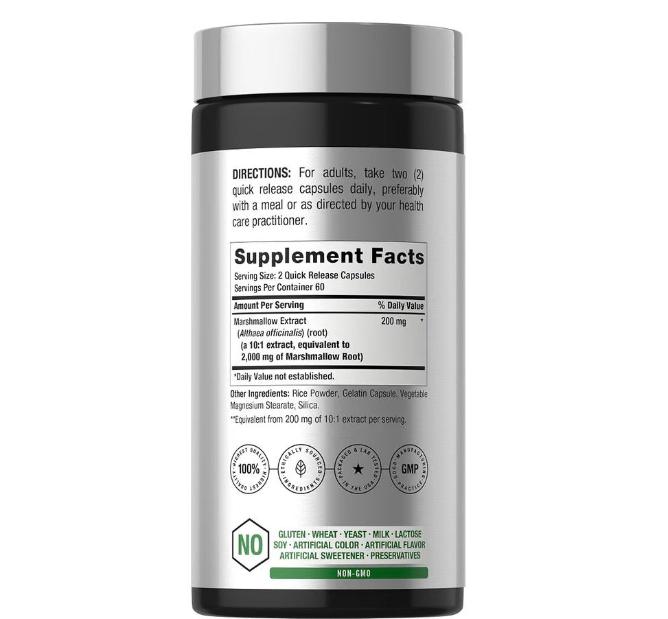 Horbäach Marshmallow Root 2000mg 120 Capsules, back of the bottle with the supplement facts and directions