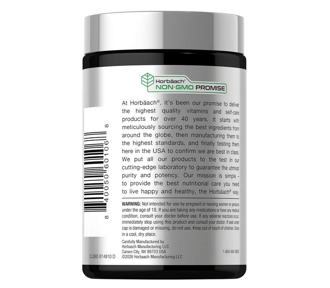 Horbäach Slippery Elm Bark 4000mg 200 Capsules, side of the bottle with the label warnings