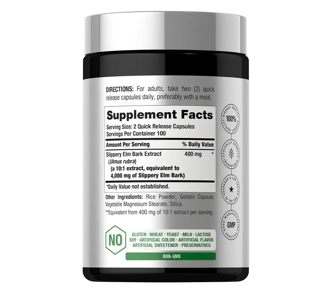 Horbäach Slippery Elm Bark 4000mg 200 Capsules, back of the bottle with the supplement facts and directions