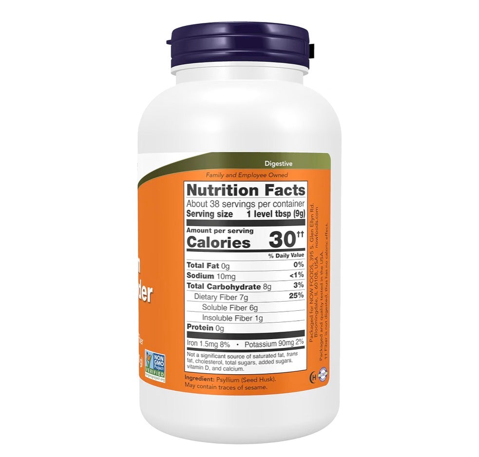 NOW Psyllium Husk Powder 12oz (340g), side of the tub with the nutrition facts